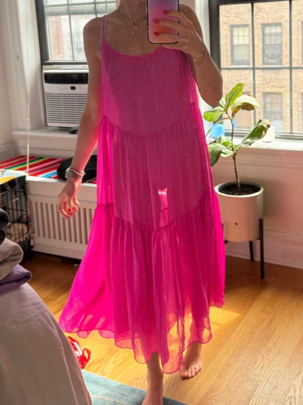 SOLID & STRIPED Hot Pink Sheer Tiered Maxi Coverup